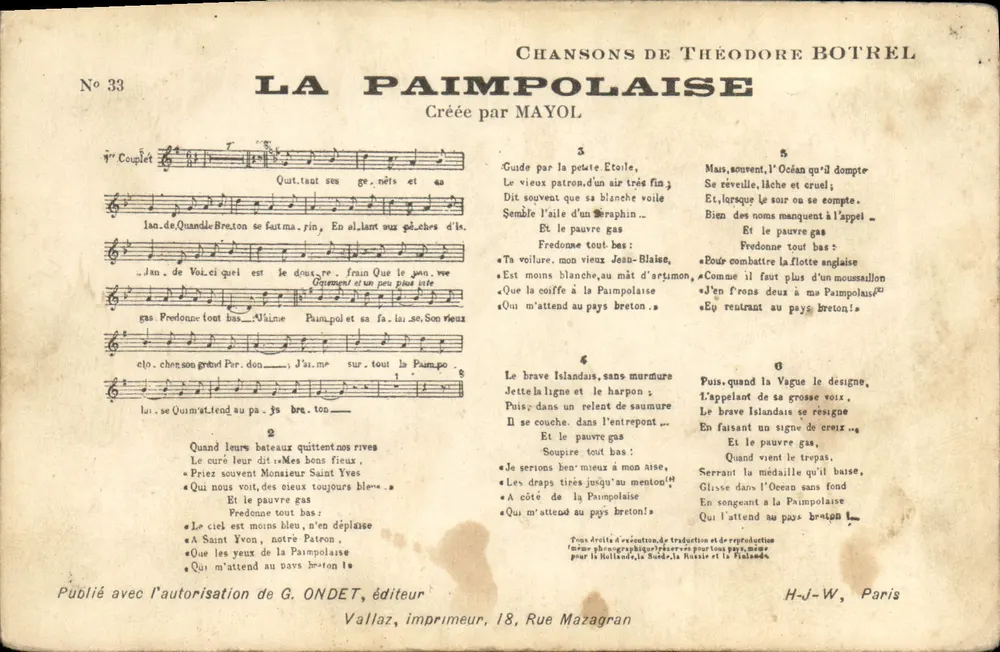 Canções de Théodore Botrel — La Paimpolaise — H-J-W, Paris - Frente