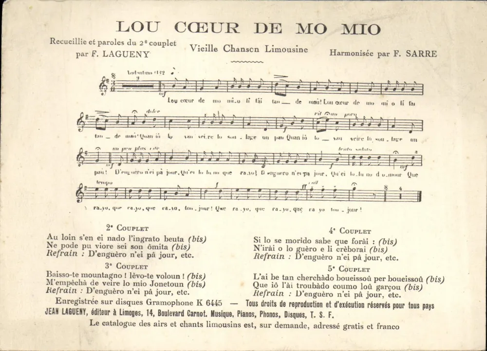 Lou Cœur de Mo Mio — Vieille Chanson Limousine — éditeur JEAN LAGUENY - Vorderseite