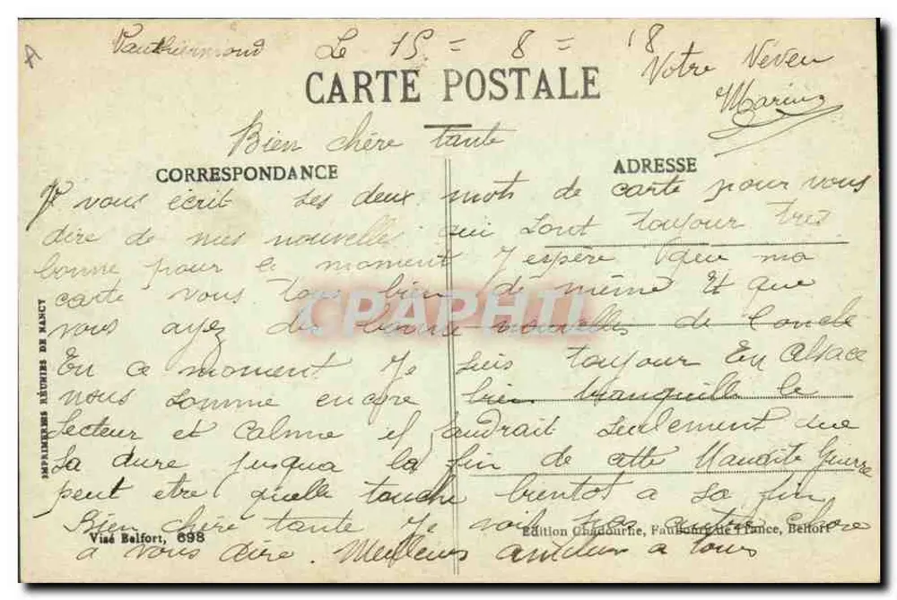 Alsatische Mädchen — 14. Juli 1917 — Édition Chaudourie, Faux-Bracie, Belfort - Rückseite