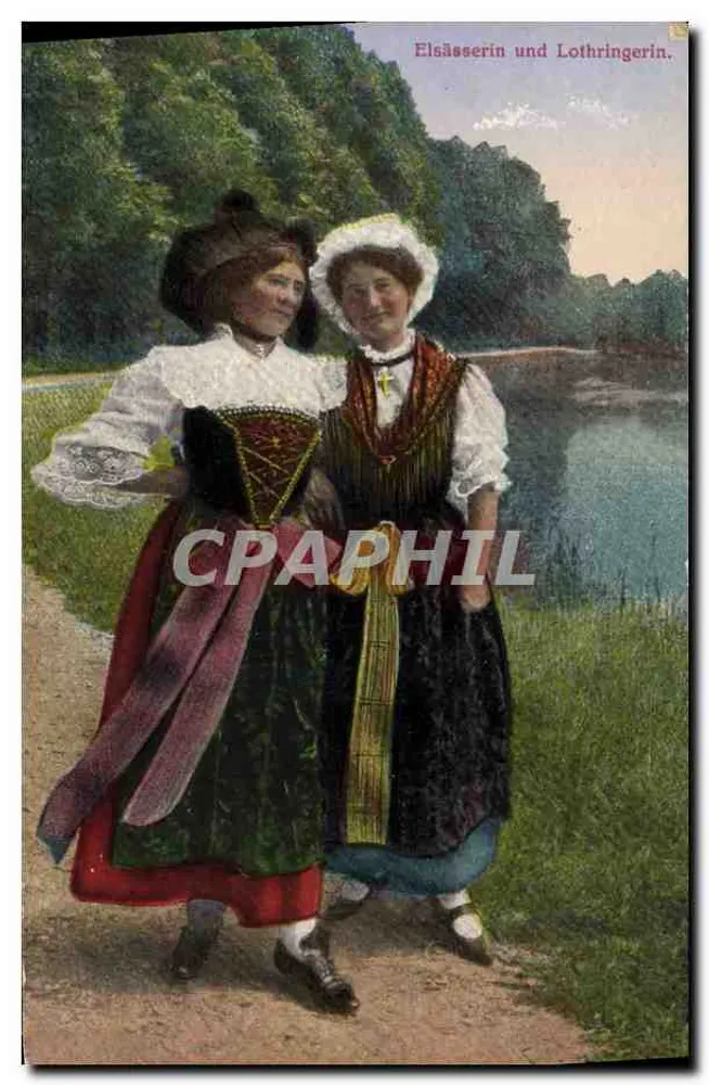 Duas jovens mulheres em trajes tradicionais — Elsässerine e Lorrainer — editor Jul. Manias & Cie, Strasbourg - Frente
