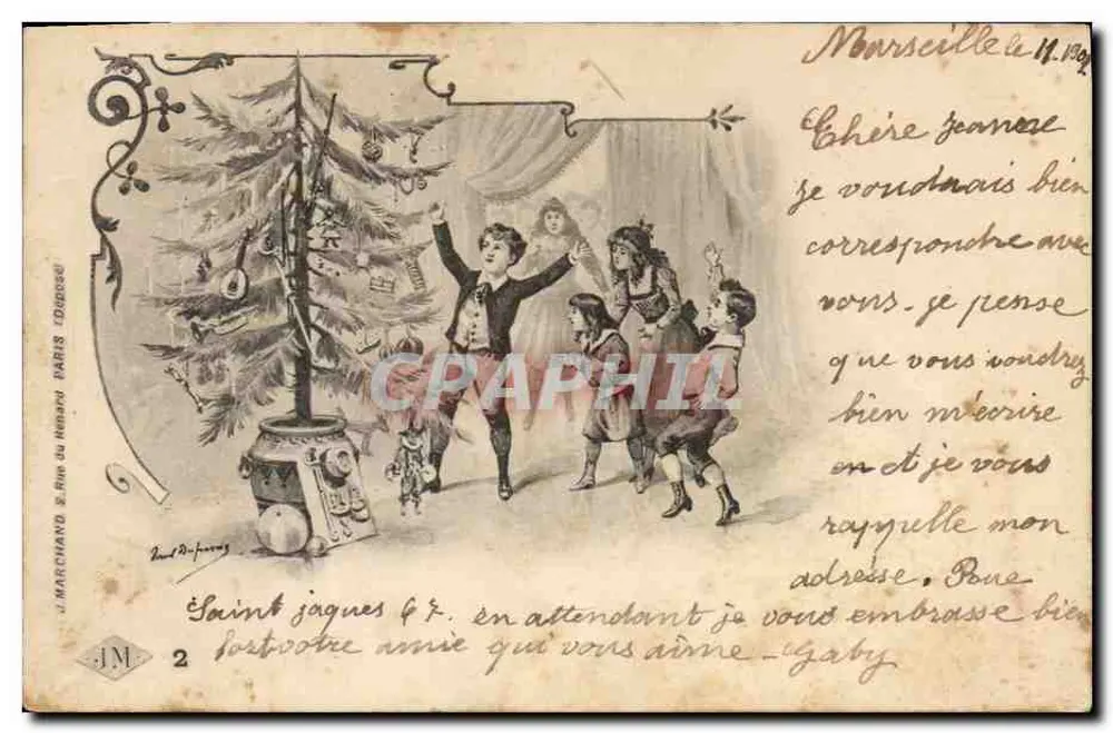 Kinder, die nahe einem Weihnachtsbaum spielen — J. MARCAND & Fils du Nord, Paris — Nr. 2 - Vorderseite