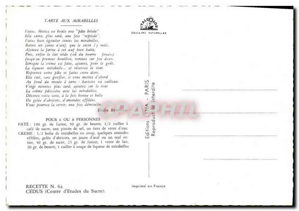 Die Mirabellen-Tarte — Rezept N°64 — Editions LYNIA - Rückseite