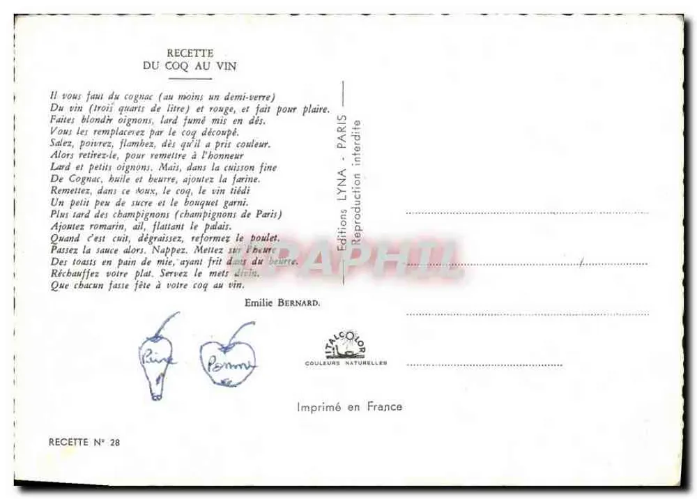 Kip met wijn — Recept N° 28 — Éditions LYNA - PARIS - Achterkant