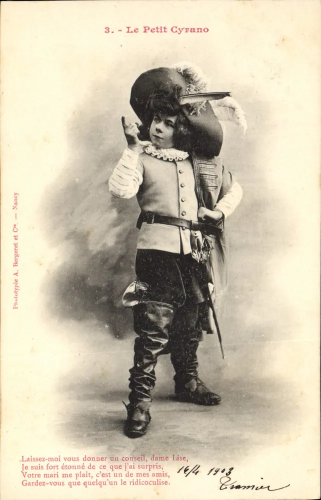 Le Petit Cyrano — Szene aus dem Theater — Phototypie A. Bergeret et Cie, Nancy, n°3 - Vorderseite
