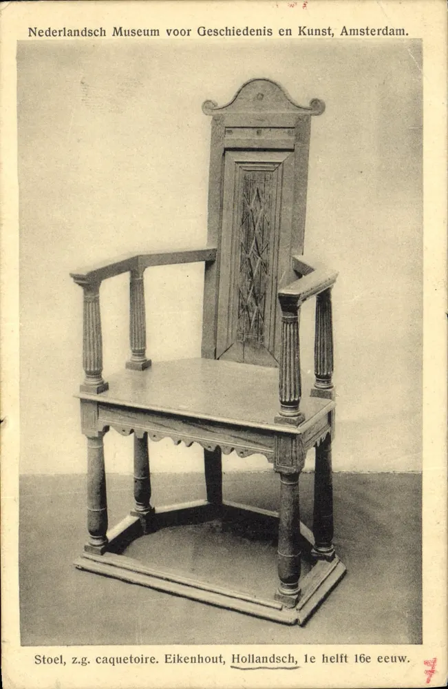 Chaise à dossier haut — chaise à dossier haut en chêne, 1er demi-siècle du XVIIe siècle — éditeur Algemeene Postvereeniging - Frente