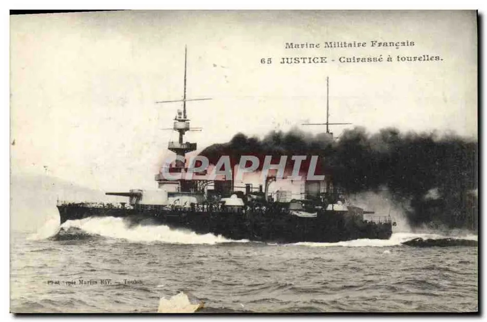 Buque de guerra francés — 65 JUSTICIA — Guirassé con torres — Fototipia Martins 1907 — Toulón - Anverso