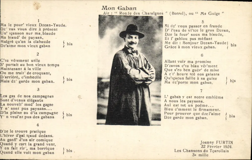 Mein Gaban — Musik: « Ronde des Chataignes » (Botrel), oder « Ma Guige » — Joanny FURTIN, Lieder des Tçarollais, 22. Februar 1924 - Vorderseite