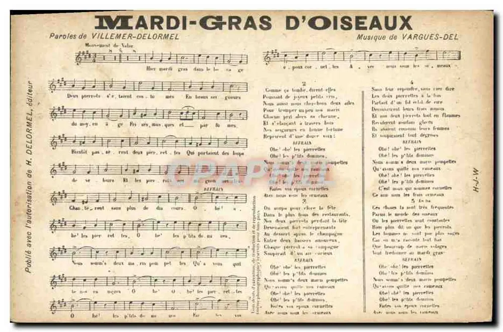 Mardi-Gras d'Oiseaux — Lied — H. Delormel, Verlag - Vorderseite