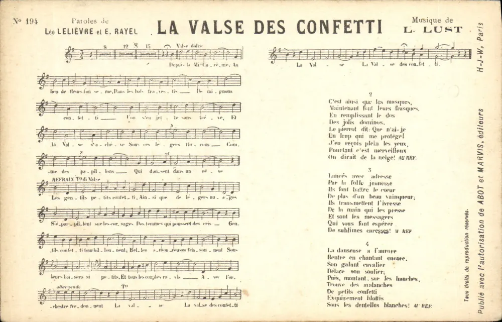 Die Confetti-Walze — Text von Léo Lelièvre und E. Rayel, Musik von L. Lust — H. J.-W. Paris, n° 194 - Vorderseite