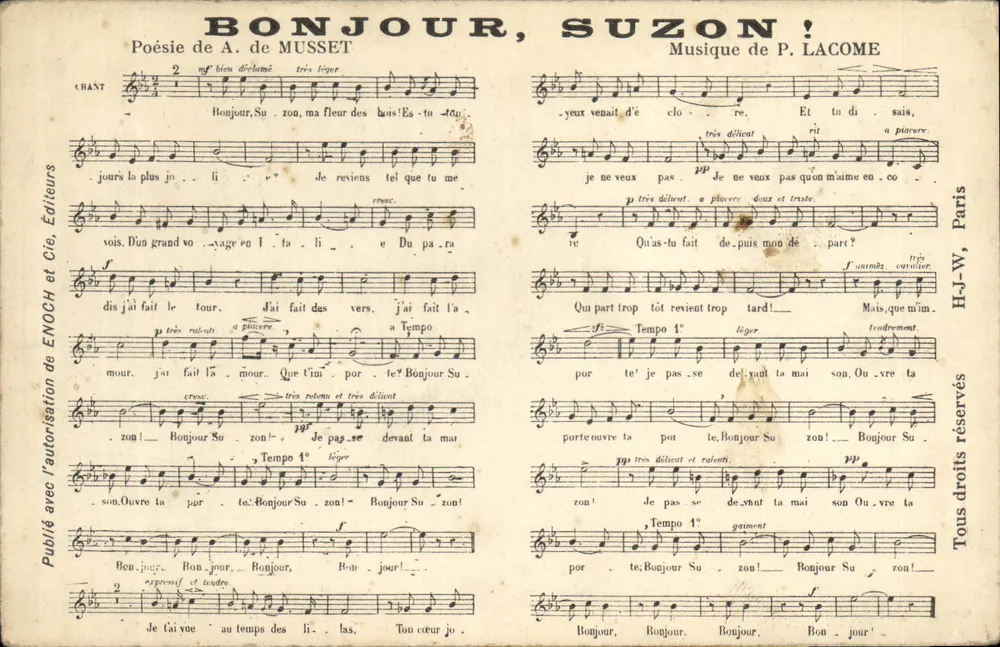 Guten Morgen, Suzon! — Gedicht von A. de Musset, Musik von P. Lacome — Verlage Enoch et Cie, Paris - Vorderseite