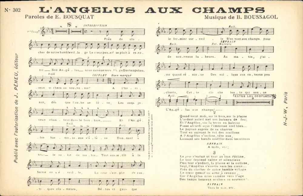 L'Angeleus aux champs — Lied — Verlag J. Péheu, Nr. 302 - Vorderseite
