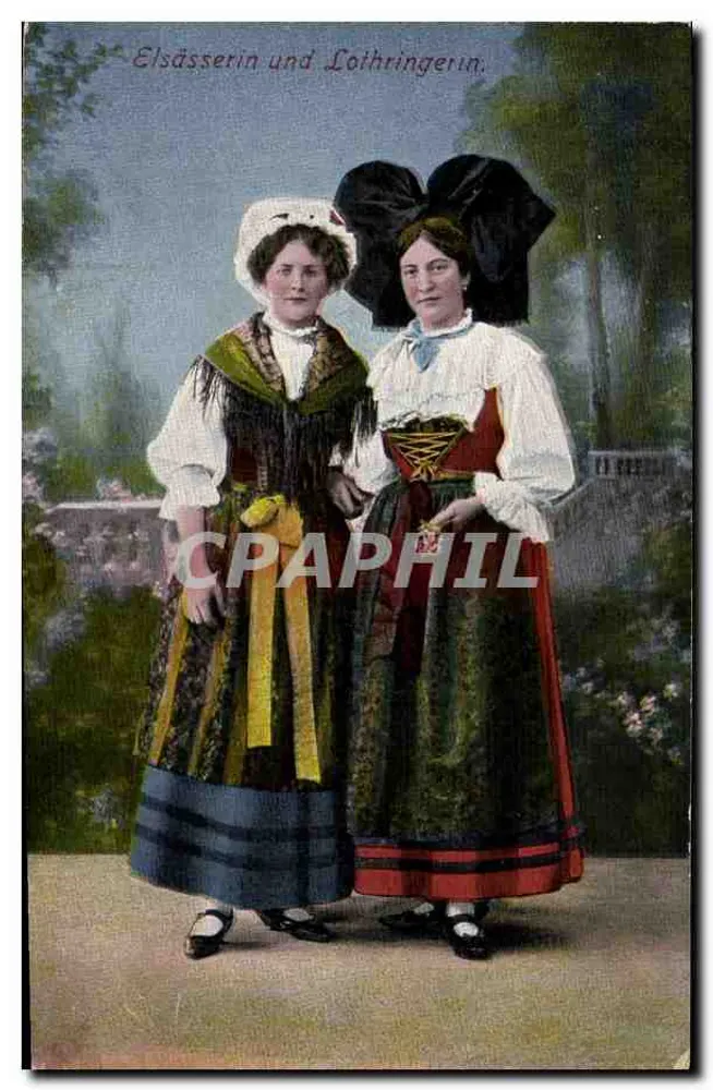 Elsässerin und Lothringerin — comparação de trajes regionais — editor Hermann Schilling, n° 29395 - Frente
