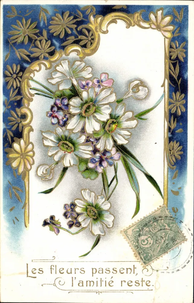 Arranjo de flores — As flores passam, a amizade permanece — editor não visível, número de série não visível - Frente