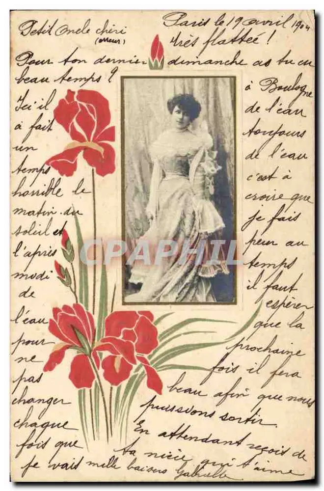 Frau in einem Rüschenkleid — Paris, 19. April 1904 — unbekannter Verlag, Seriennummer nicht sichtbar - Vorderseite