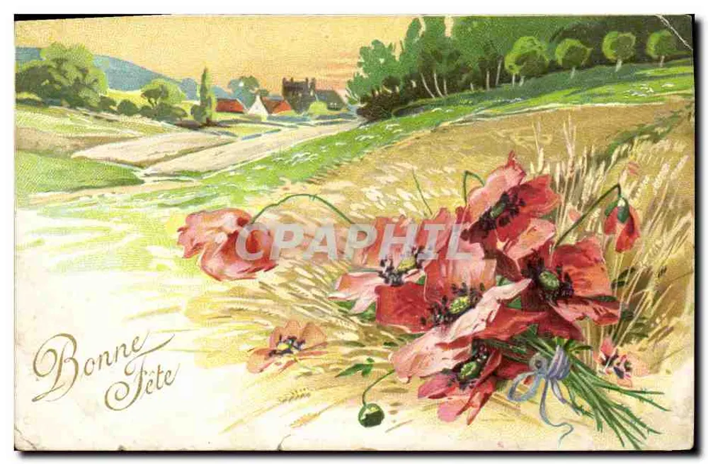 Poppies et paysage rural — bouquet de pavots rouges devant un village — éditeur non visible - Awers