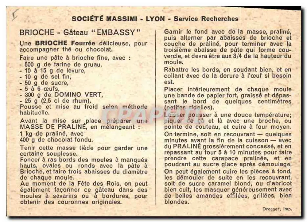 Brioche « Embassy » — receita da Sociedade Massimi - Lyon - Verso