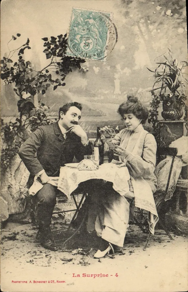Ein Paar im Café — Szene der Überraschung — Phototypie A. Bergeret & Cie, Nanoy, Serie 4 - Vorderseite