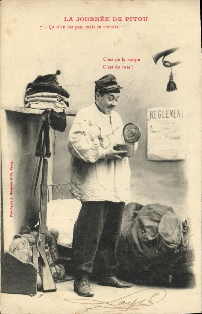 Der Tag von Pitou — Soldaten-Szene mit Waage — Phototypie A. Bergeret et Cr. Manuy - Vorderseite