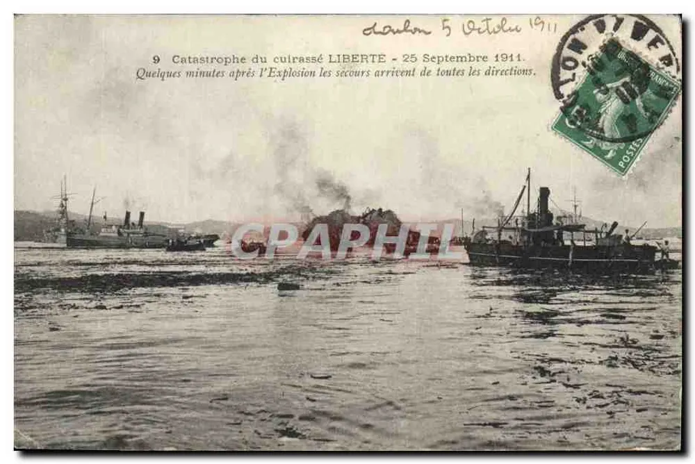 Catástrofe do encouraçado LIBERTE — 25 de Setembro de 1911 — Editor: Estabelecimento de Impressões Fototípicas Marius Bar - Toulon - Frente