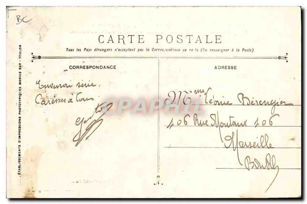 Catástrofe do encouraçado LIBERTE — 25 de Setembro de 1911 — Editor: Estabelecimento de Impressões Fototípicas Marius Bar - Toulon - Verso