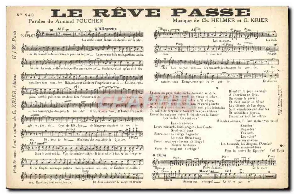Der Traum ist vorbei — Text von Armand Foucher, Musik von Ch. Helmer und G. Krier — H.J.W. Paris, Nr. 243 - Vorderseite