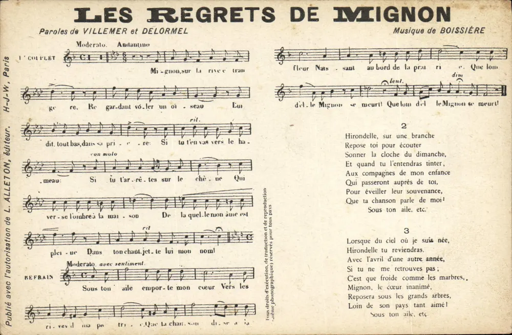 Les Regrets de Mignon — Lied — H.-J.-W. Paris, Verlag, Nr. IV - Vorderseite