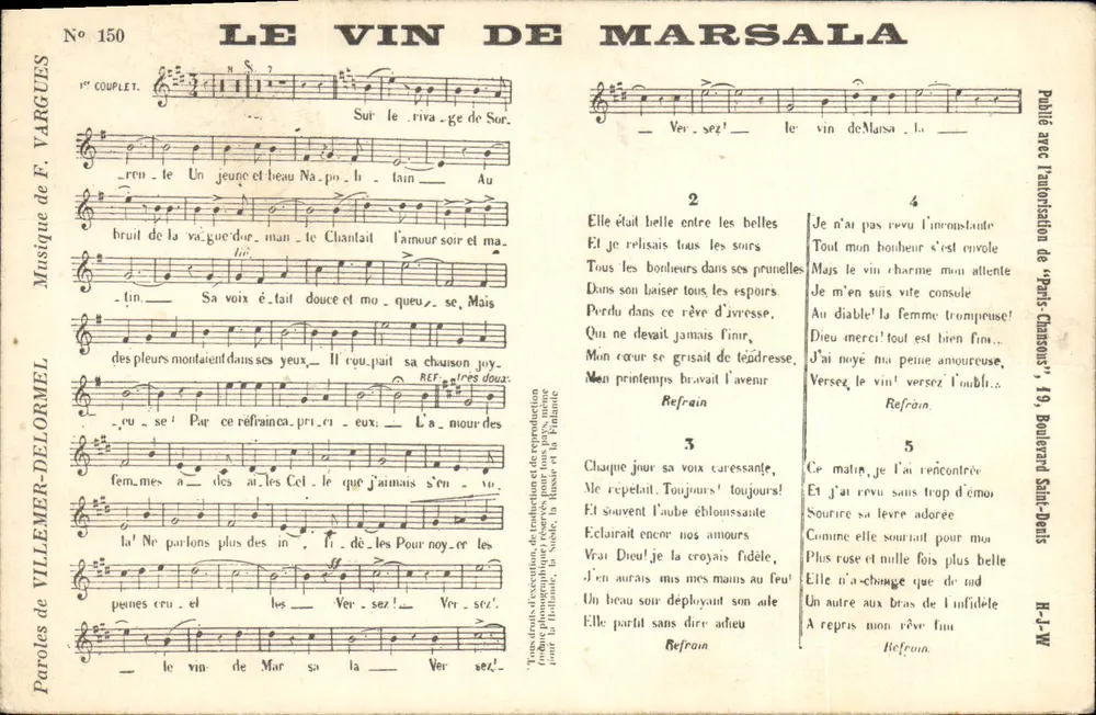 Der Wein von Marsala — Lied — Musik von F. VARGUES, Text von VILLEMER-DELORMEL - Vorderseite