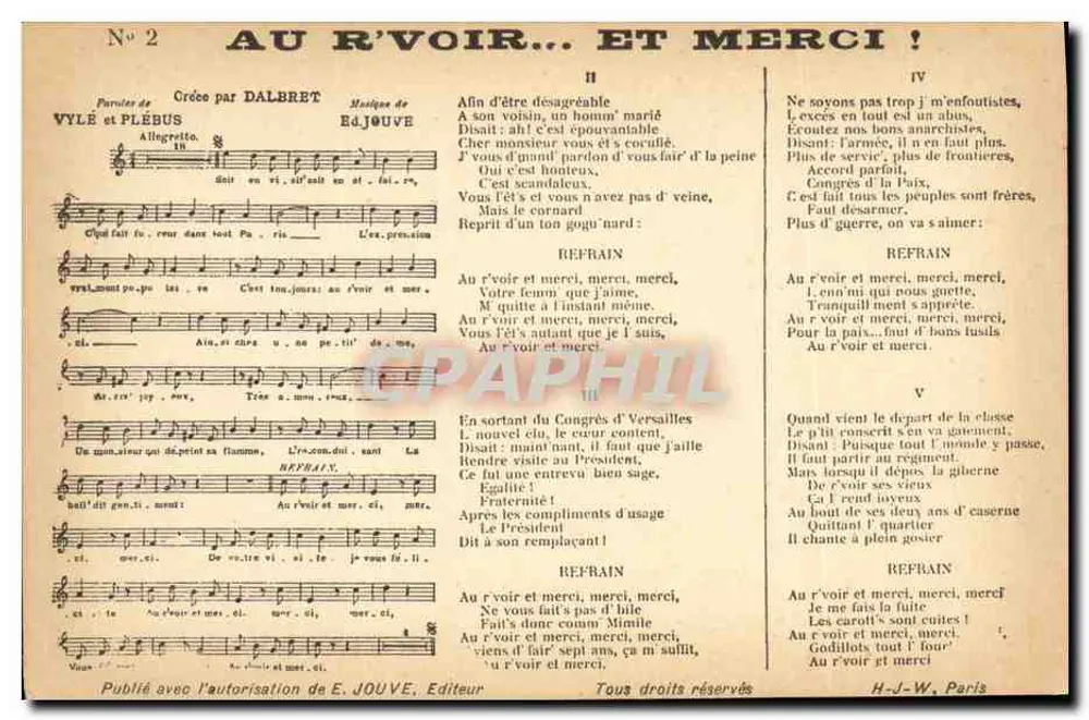 Auf Wiedersehen... und Danke! — Lied — Verlag H.-J.-W., Paris - Vorderseite