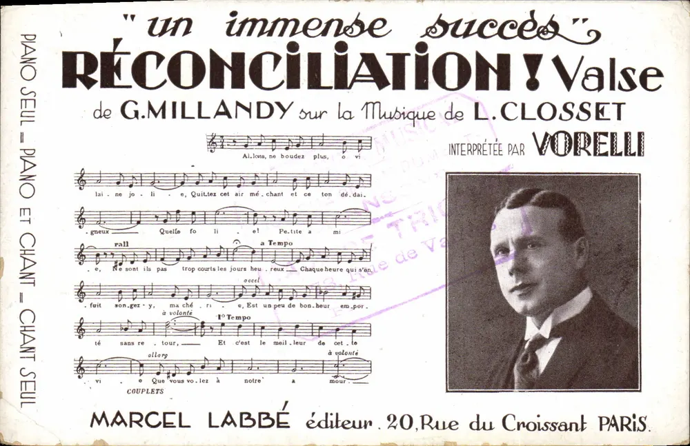 Versöhnung — Walze von G. MillandY nach der Musik von L. Closset — Marcel Labbé, Verleger - Vorderseite