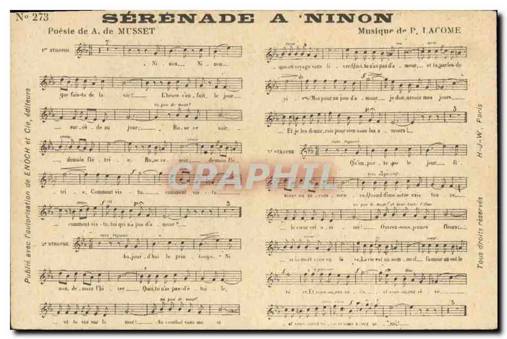 Serenata para Ninon — Poésie de A. de Musset, Musique de P. Lacome — Editora Enoch et Cie, n° 273 - Frente