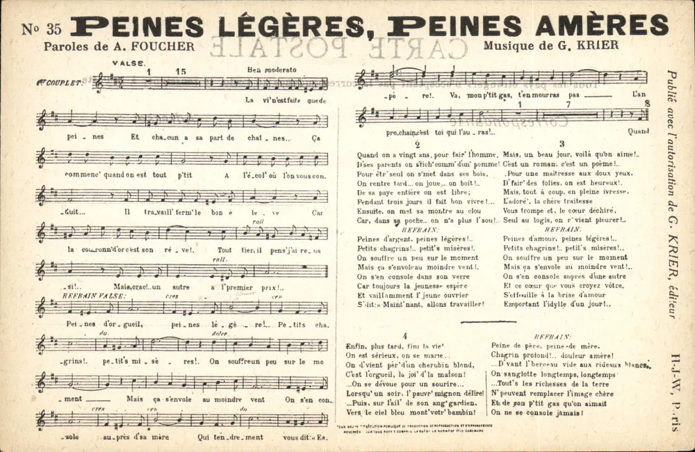 Leichte Schmerzen, Bittere Schmerzen — Text von A. Foucher, Musik von G. Krieger — Verlag G. Krieger, Nr. 35 - Vorderseite