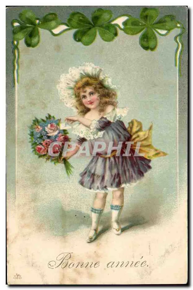 Mädchen mit Blumenstrauß — Frohes Neues Jahr — Verlag nicht sichtbar - Vorderseite
