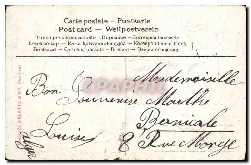 Pansies et oiseau — illustration décorative — éditeur ARLATTE & Cie, Cambrai - Verso