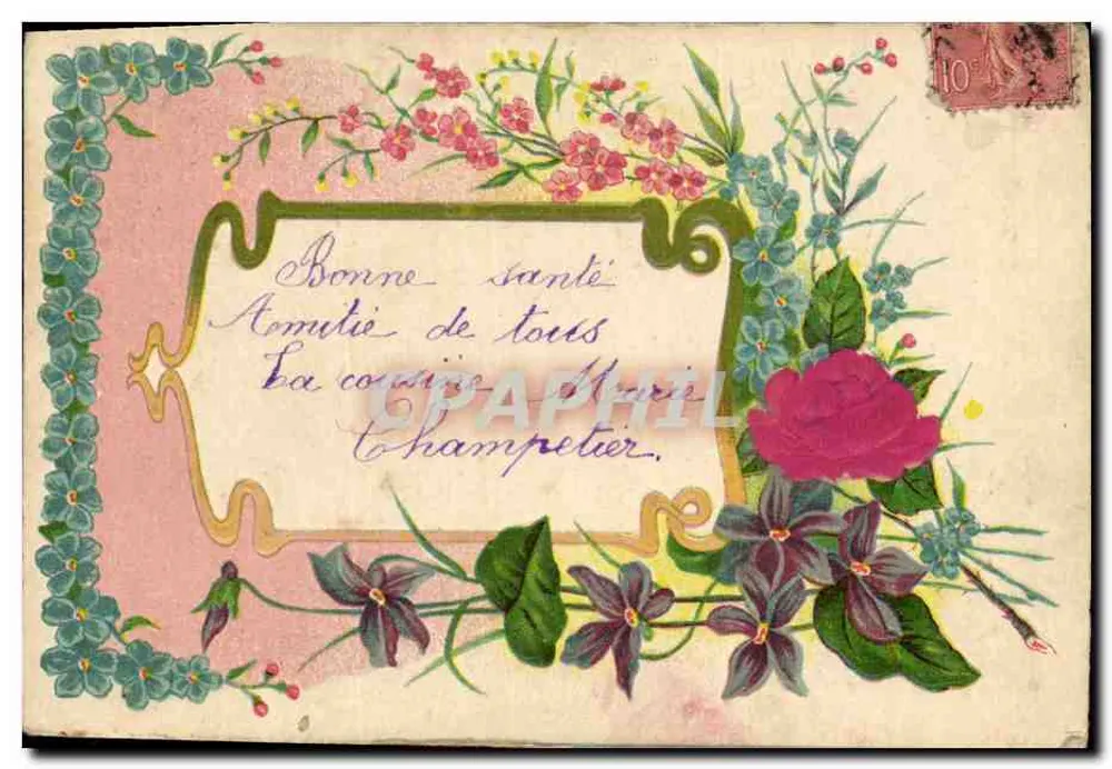 Carta postal floral — Boa saúde, Amizade de todos — A prima Marie Champetier - Frente