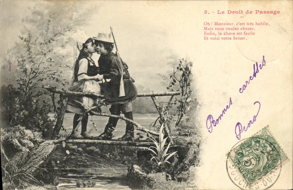 Junges Paar auf einer Brücke — humorvoller Szenen — Verlag Boucres, Nr. 3 - Vorderseite