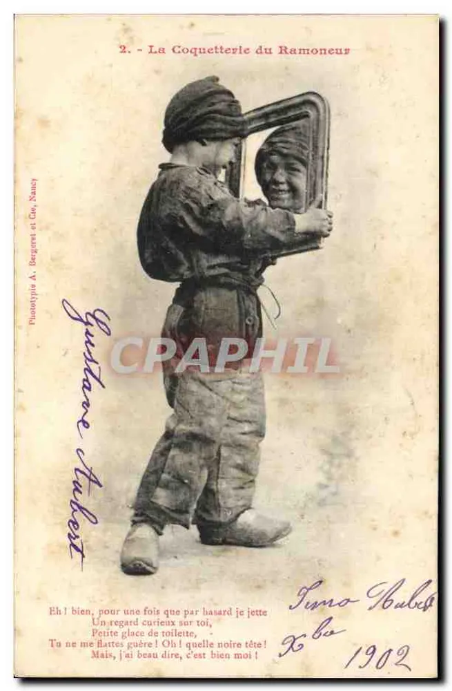Kind, der in den Spiegel blickt — Die Coquetterie des Kaminkehrers — Phototype A. Bergeret et Cie, Nancy - Vorderseite