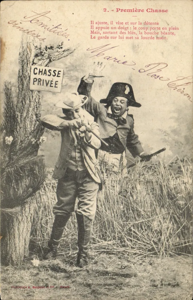 Chasse privée — scène de chasse comique avec deux hommes — Phototypie A. Bargelet et Cie, Nancy - Frente