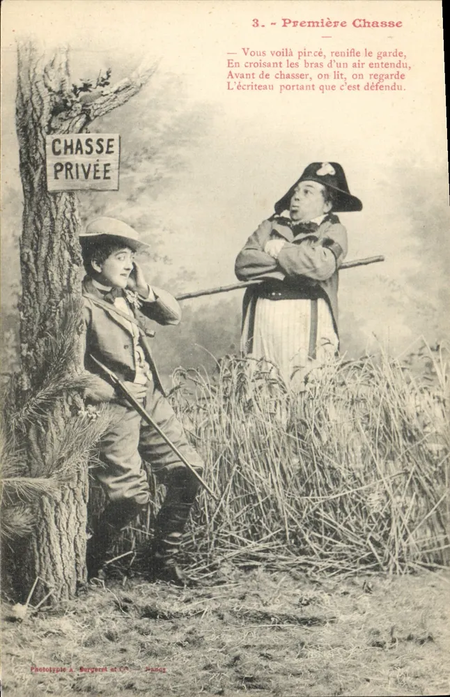 Primeira Caça — cena de caça privada com guarda — Fototipo A. Bergeret & Cie, Nancy - Frente