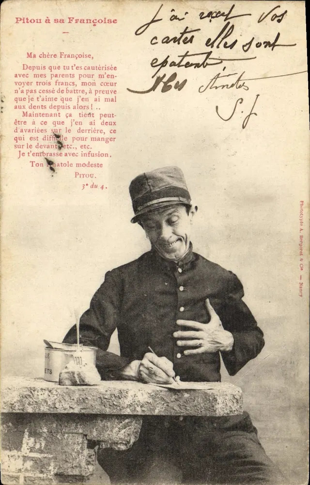 Soldat am Tisch — militärische Szenen — Phototypie A. Bonguot & Cie, Nancy - Vorderseite