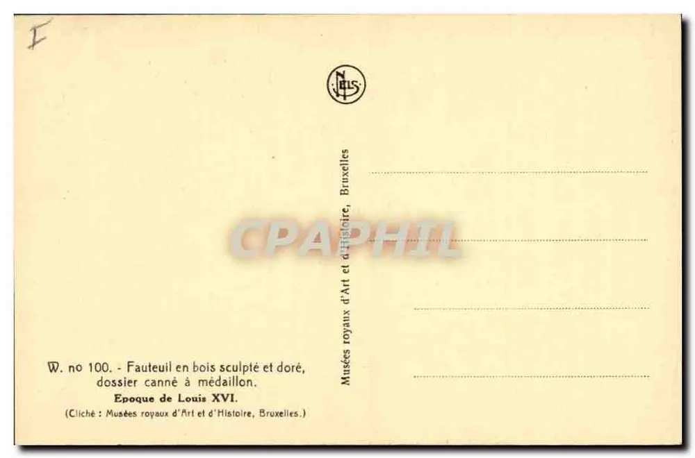 Cadeira de madeira esculpida e dourada — encosto com medalhões de cana — Museus Reais de Arte e História, Bruxelas, W. no 100 - Verso