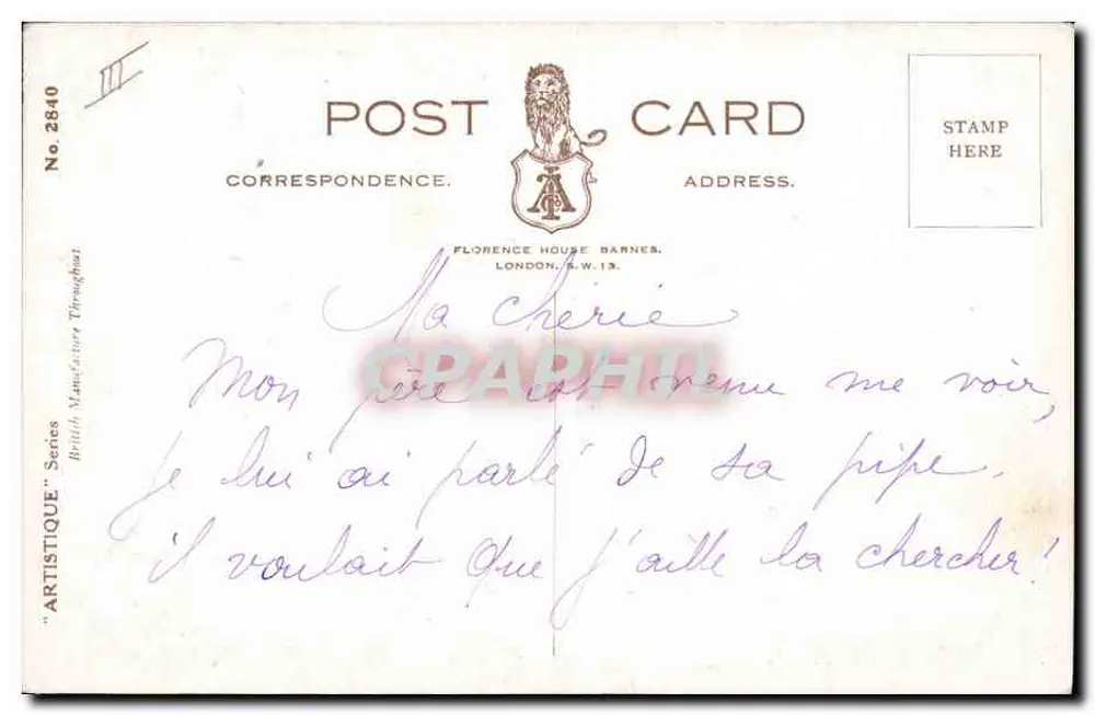Hund und Katze — Warnung — Künstlerische Serie, Nr. 2840, Florence House Barnes, London - Rückseite