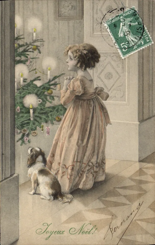 Menina e cachorro diante de um abeto de Natal — editor M. M. Vienne, n° 327 - Frente