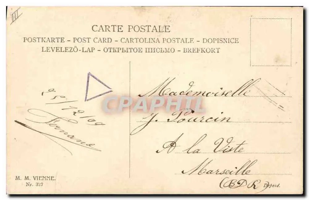 Menina e cachorro diante de um abeto de Natal — editor M. M. Vienne, n° 327 - Verso