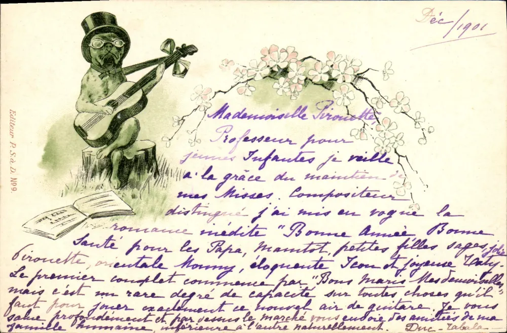 Cachorro em traje de gentleman tocando violão — Editor P.S.A. N°99 - Frente