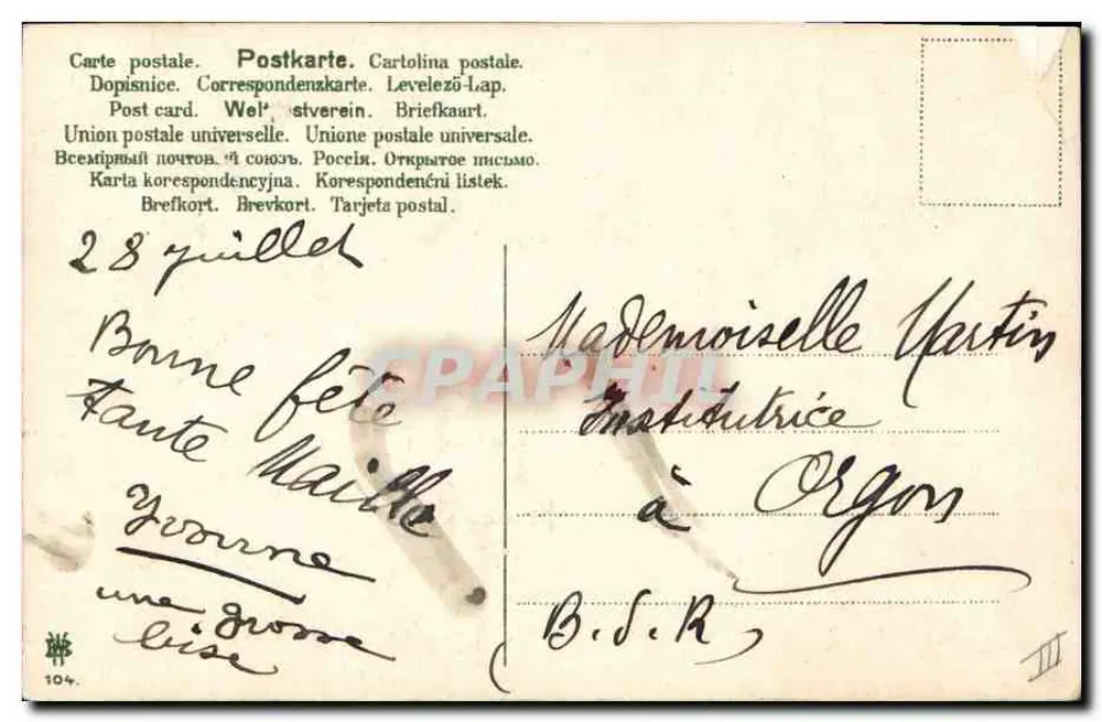 Cachorro e dois filhotes de gato — cena animal — editor não identificado, n° 104 - Verso
