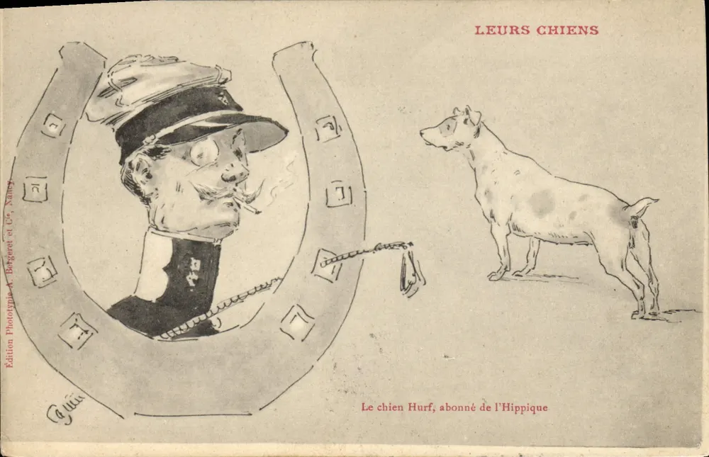 Der Hund Hurf, Abonnent des Hippique — Karikatur eines Soldaten, der in einem Hufeisen raucht — Edition A. Bargeret & Cie, Nancy - Vorderseite