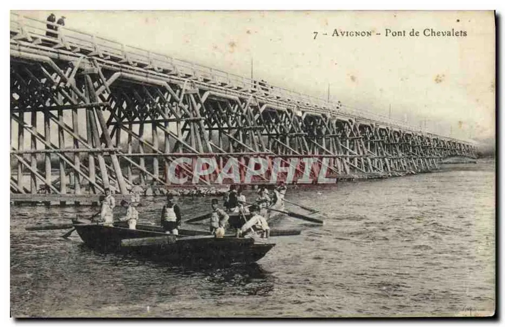 Avignon - Pont de Chevalets — vue du pont en bois avec barque sur le Rhône — éditeur Avignon, n°7 - Recto