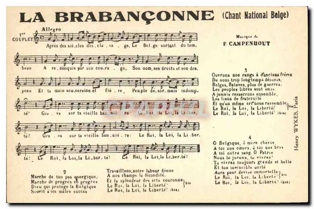 La Brabançonne (belgisches Nationallied) — Musik von F. Campenhout — Henry Wykes, Paris - Vorderseite