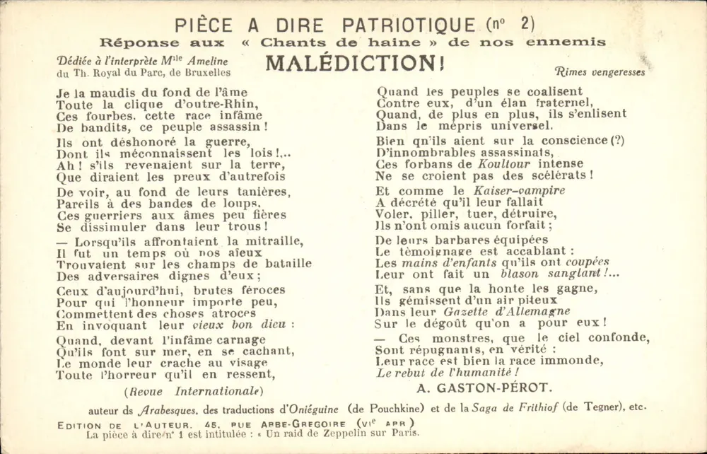 Patriotische Stück (Nr. 2) — Antwort auf die « Lieder der Hass » unserer Feinde — Edition durch den Autor, 45, rue Arbe-Gregoire (Paris) - Vorderseite