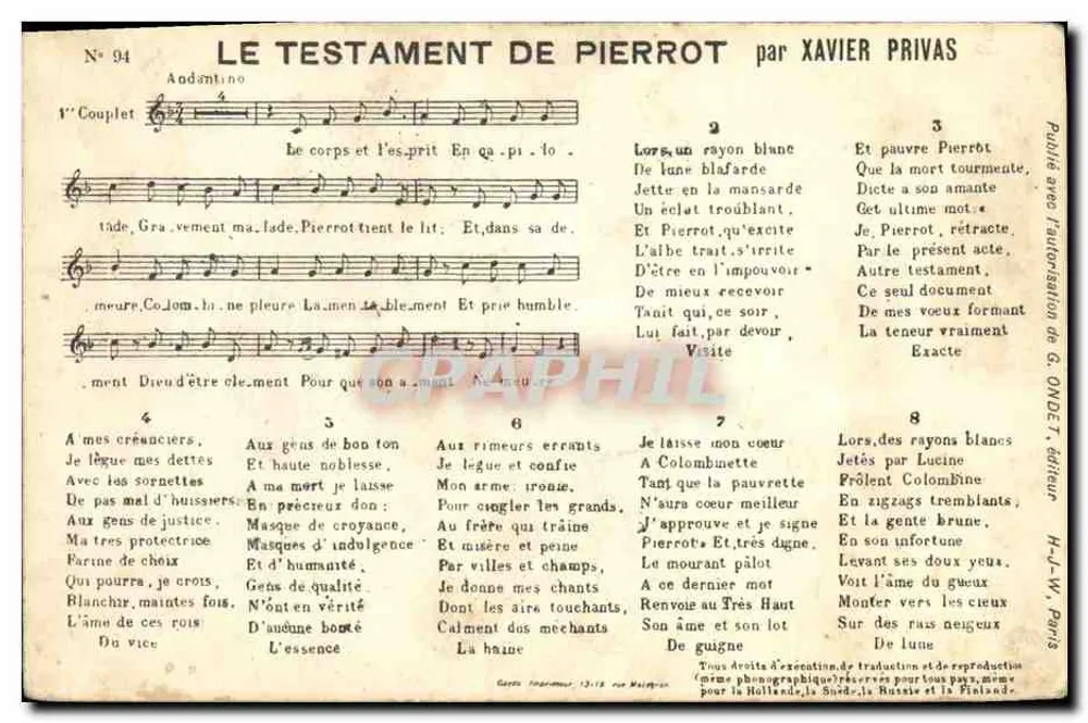O Testamento de Pierrot — por Xavier Privas — editor G. ONDET, n° 94 - Frente